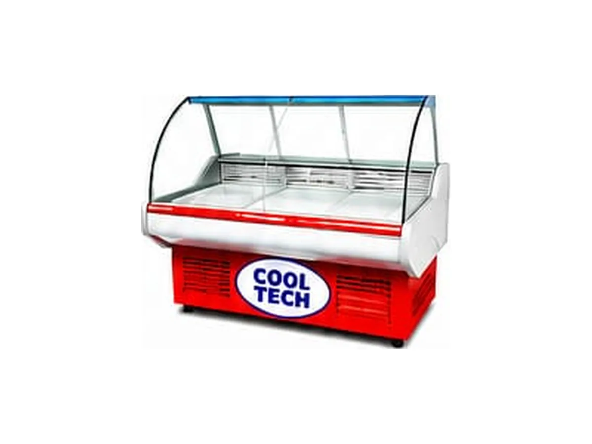 Display Counter Refrigerated glass-front meat display counter with curved glass top and stainless steel base