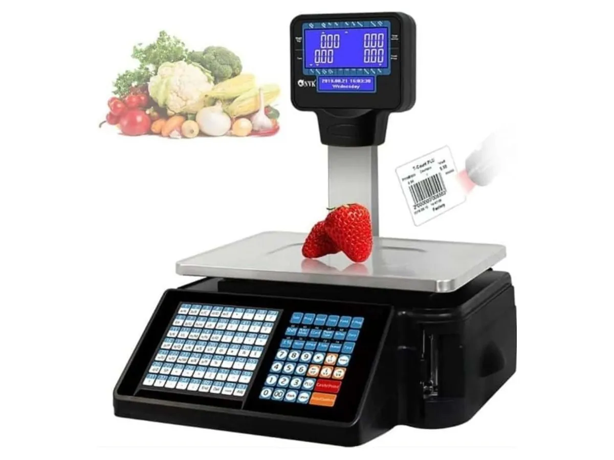 Printing Scale Label printing retail weighing scale with keypad, raised customer display and printed barcode label