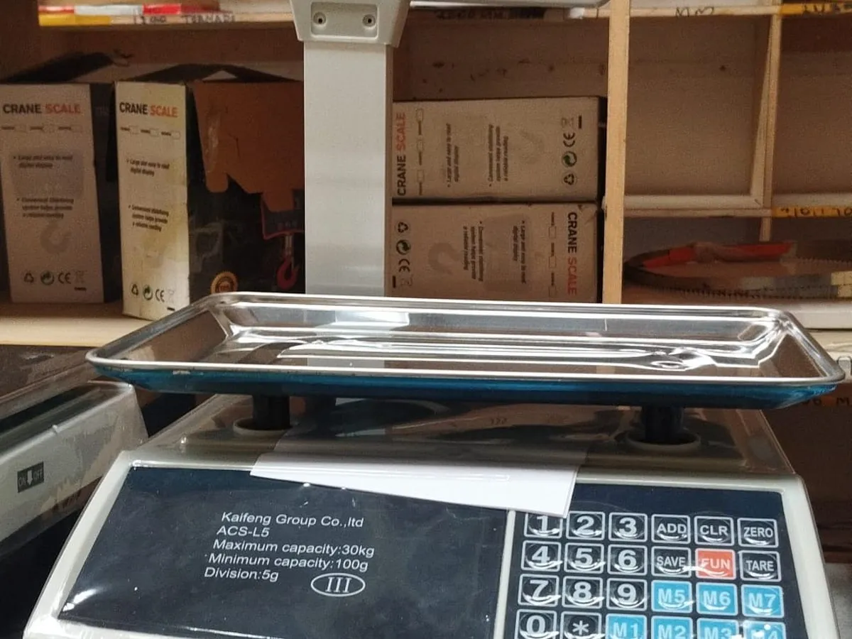 ACS L5 Price computing counter scale on the Capitol shop counter, labelled maximum capacity 30kg, minimum 100g, division 5g